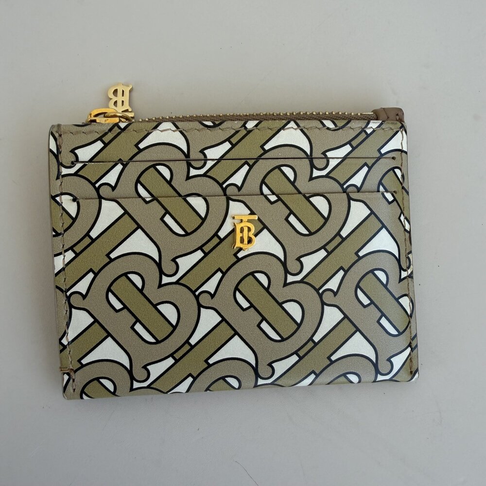 Burberry Printed Calfskin Monogram Simone TB Zip Card Holder Wallet – Beige/Brow
